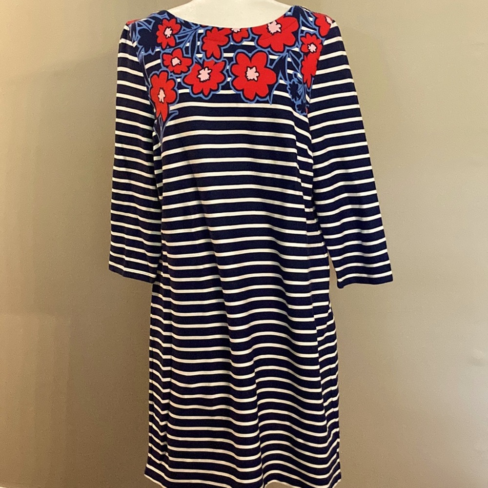 Talbots Navy and White Striped Midi Dress with Red Floral Accents
